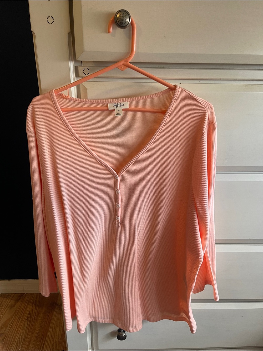 Style & Co. Coral Ribbed Henley Long Sleeve Top